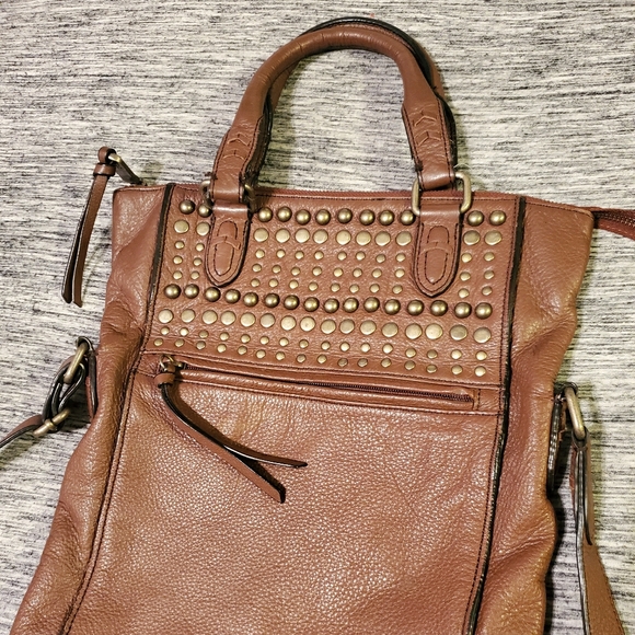 Leather studded Andrew Marc foldover satchel - Picture 1 of 8